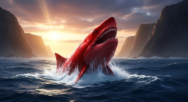 A massive red shark jumping out of the ocean at sunset.