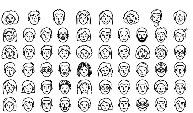 Big Hand Drawn Human Face Doodle Set with Diverse Men Women Children and Senior Expressions Vector