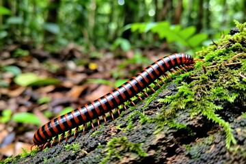Fototapeta premium Large red and black millipede walks on mossy log in forest. Arthropod crawls on tree bark with green plants and leaves in background. Macro shot shows many legs.