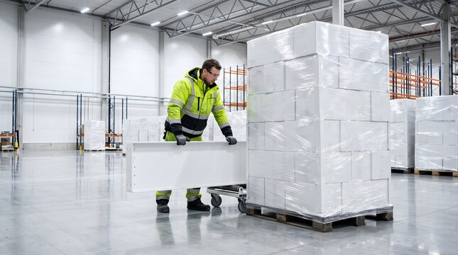 Logistics operator moving industrial component in modern bright warehouse with stacked pallets for commercial distribution and supply chain business concept