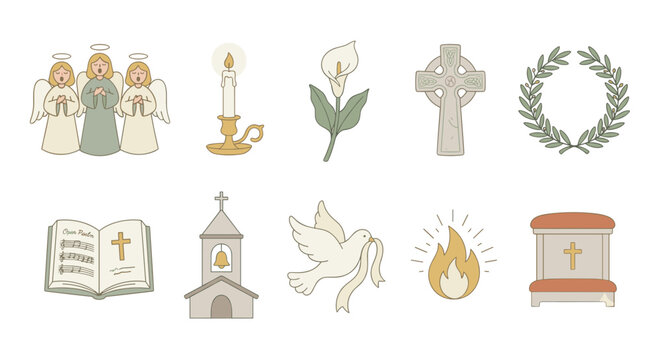 Collection of religious and spiritual symbols including angels, a candle, a lily, a Celtic cross, a laurel wreath, a bible, a church, a dove, a flame, and a coffin.