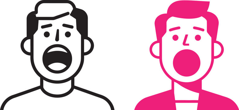 Surprised man avatar icons with open mouth and wide eyes in vector line art and flat color style for shock and amazement expression