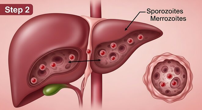 Human liver showing malaria parasite reproduction during step two infection