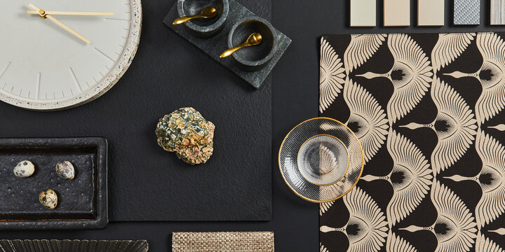 Elegant Overhead View: Interior Design Mood Board with Decorative Elements, Textiles, and Natural Stone