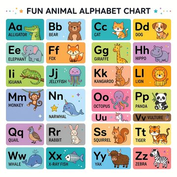 Cute Educational Animal Alphabet Poster and Flashcards Vector Illustration for Toddlers and Kids Learning English Vocabulary