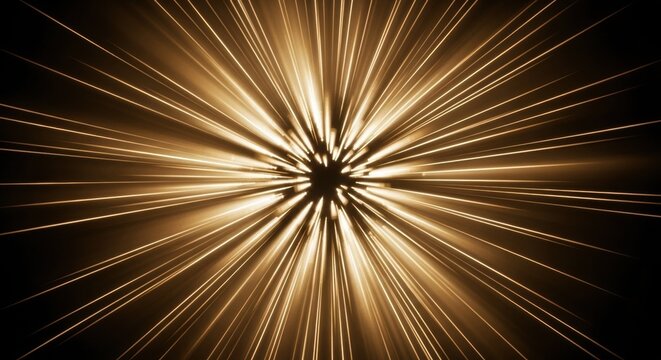 Golden abstract light explosion with radial rays of light emanating from a dark central point creating a motion blur zoom effect against a black background with high contrast.