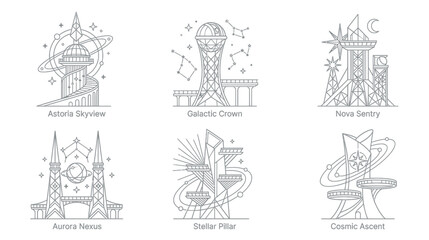 Futuristic Sci-Fi Cityscape Icons: Futuristic Towers and Observatories, Vector Line Art © Gisel