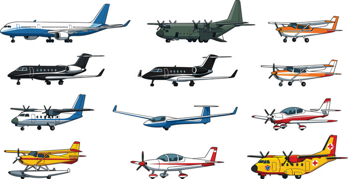 Collection of Airplane Illustrations Featuring Passenger Jet, Military Cargo Plane, Private Jet, Propeller Plane, Seaplane, Glider and Rescue Aircraft