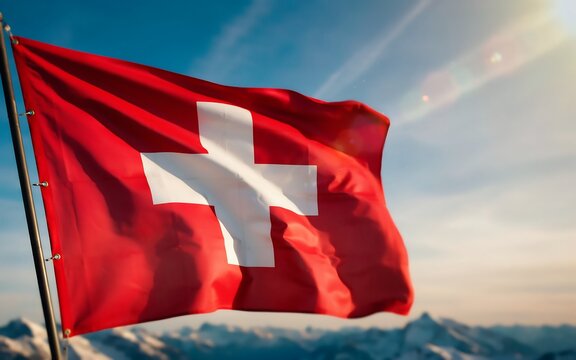 Swiss flag waving against a backdrop of snowy mountains at sunset