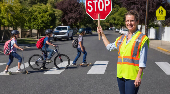 School crossing guard holding stop sign with children