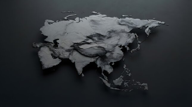 Ultra realistic monochrome map of Asia with accurately shaped coastlines detailed country borders embossed topographic relief engraved matte surface premium black and white editorial aesthetic sophist