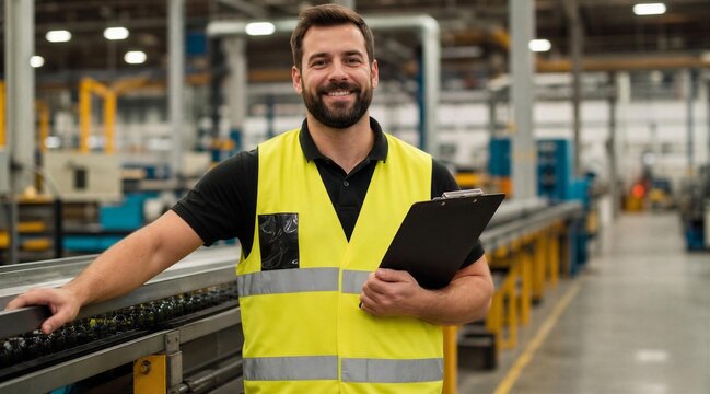 Confident Male Factory Worker with Clipboard in Industrial Plant