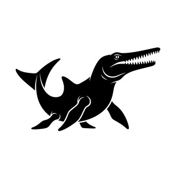 Black silhouette of a prehistoric mosasaur marine reptile icon.