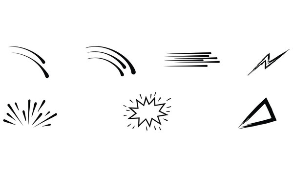 Collection of minimalist action and motion including speed lines, explosions, and lightning on a white background