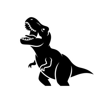 Black silhouette of a T-Rex dinosaur roaring isolated on white background.