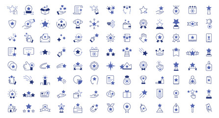 Fototapeta premium Bonus and reward solid icon set. Benefit gift, exclusive reward, star VIP award, ticket minimal vector illustrations. Simple outline signs, loyalty premium membership program. Blue duotone color.