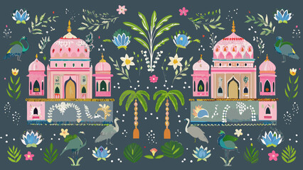 Mughal Architecture Floral Ornament Detailed Vector Illustration © babul