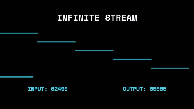 Digital data stream visualization, dynamic blue lines on black background with changing input and output numbers, seamless loop animation, symbolizing data flow and processing