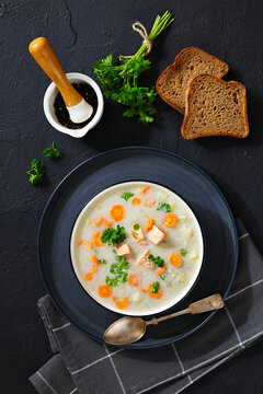Eastern European Village Salmon Soup with Rich Cream and Vegetables