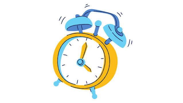 Hand drawn illustration of a ringing yellow and blue retro alarm clock