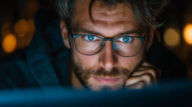Programmer wearing glasses stares intensely at a glowing computer screen while working late in a dimly lit office environment.