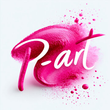 Pinke Farbspritzer bilden abstrakten P-art Schriftzug auf Wei&szlig;