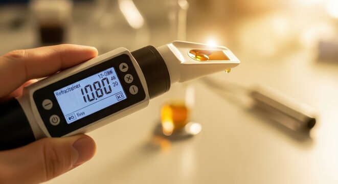 Close up of hand holding a digital refractometer measuring liquid concentration