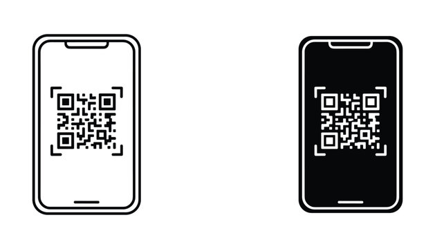 Smartphone QR code scanning icons featuring mobile device interface in both outline and solid black styles for digital payments and contactless technology assets