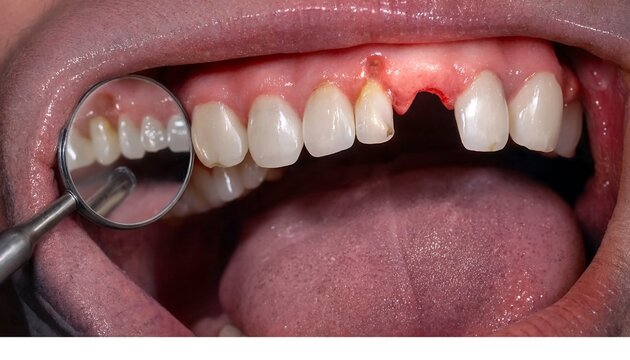 Closeup view of a missing front tooth in a patient mouth during dental examination