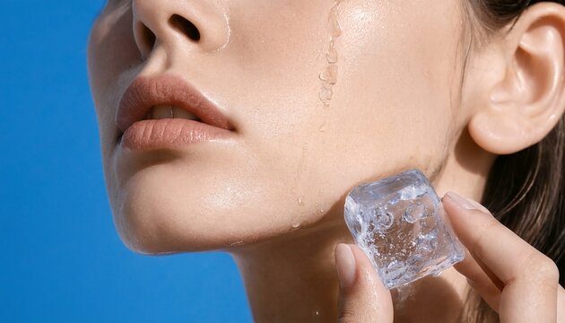 Young woman applying cold ice cube on face