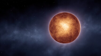 Fototapeta premium A bright red star shines in dark space lighting up the cosmic dust around it