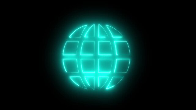 Glowing Neon Cyan light Globe Icon World Grid Loop Animation on Black Background for Global Network and Internet Business