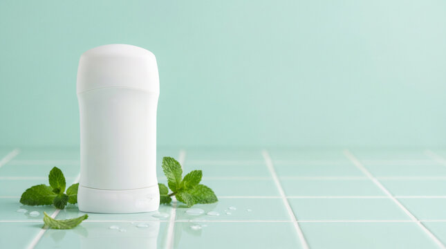 Blank white deodorant stick mockup on a mint green tiled bathroom surface with fresh mint leaves