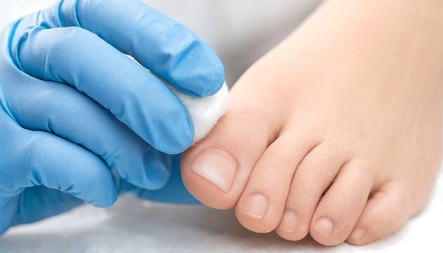 Medical professional in blue gloves cleaning a foot with cotton