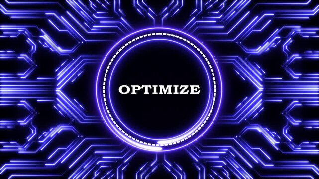 Futuristic electronic circuit board animation featuring optimize text video.