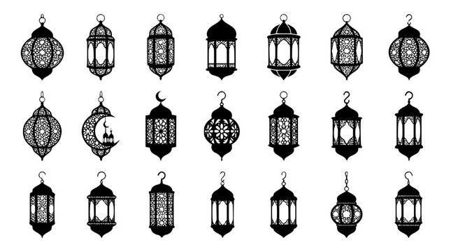 :
Black Hanging Ramadan Lantern Silhouette Vector Set with Ornamental Middle Eastern Fanous Collection
