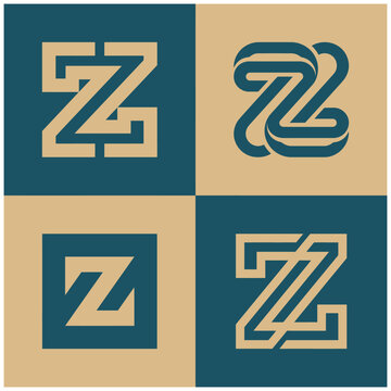 Four squares with different designs of letter Z in tan and blue colors