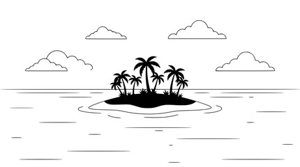 Silhouette of Tropical Island with Palm Trees in Ocean, Minimalist Line Art © illustration vector 