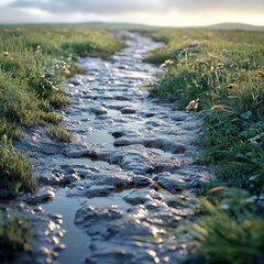 Fototapeta premium A serene stream flows gently through vibrant grass reflecting the soft morning light