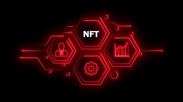 Abstract neon Hud knowledge ability business gear icon Glowing neon line concept. Glowing " NFT " button in German on a futuristic, abstract wave technology on black background. 4K animation video
