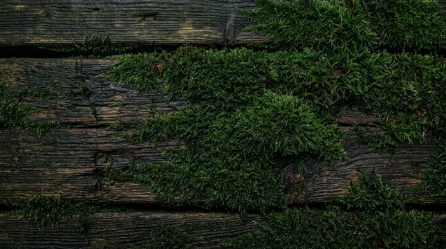Close up view of dark damp moss on weathered wood texture