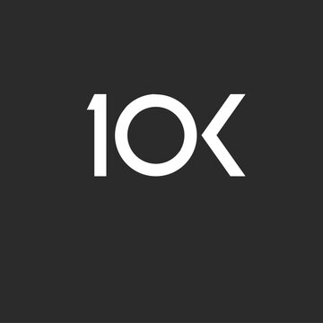 Minimalist 10K logo in bold white text on a dark gray background, symbolizing a milestone, achievement, or ten thousand units.