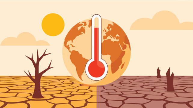 Earth globe with a rising thermometer depicting severe drought and scorching global temperatures