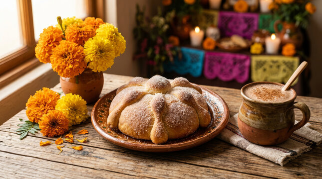 Pan de Muerto and hot chocolate with marigold flowers and papel picado decorations for Day of the Dead celebration