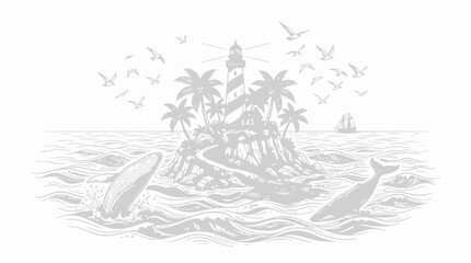 Lighthouse Island Tropical Paradise with Whales and Sailing Ship © illustration vector 