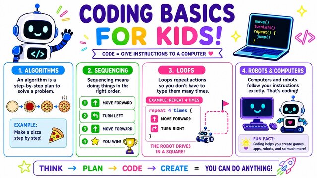 Coding Basics for Kids Educational Infographic with Robots and Algorithms