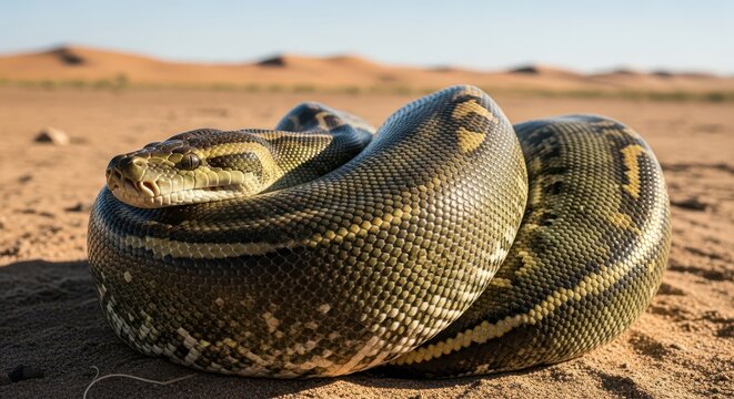 Coiled Python Snake with Detailed Scales in a Desert Habitat