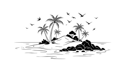 Tropical Island Paradise with Palm Trees and Birds, Black and White Line Art © illustration vector 
