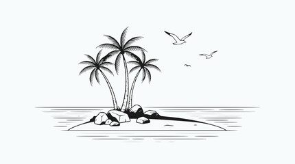 Minimalist Tropical Island with Palm Trees and Seagulls - Black and White Line Art © illustration vector 