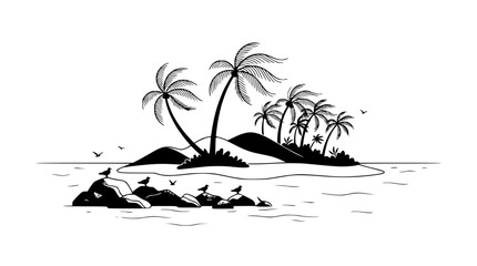 Tropical Island Paradise Black and White Drawing with Palm Trees and Birds © illustration vector 
